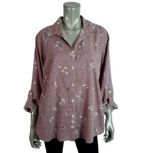 Vintage Cabin Creek Size Large Roll Tab Sleeve‎ Pocket Lightweight Floral Red